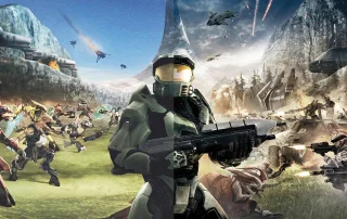 Halo: Combat Evolved artwork showing Master Chief holding a rifle on Halo's battlefield.