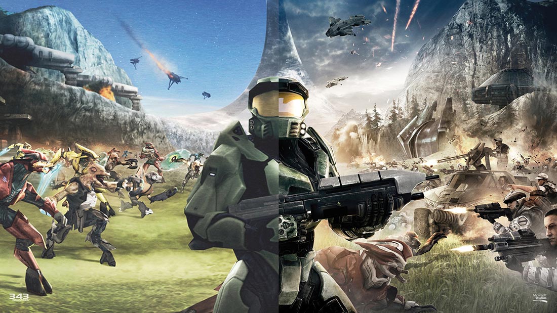 Halo: Combat Evolved artwork showing Master Chief holding a rifle on Halo's battlefield.