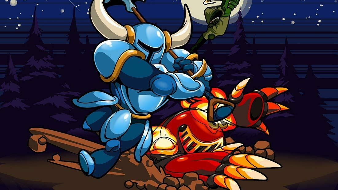 Shovel Knight fighting an enemy with their shovel