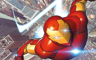 Iron Man flies above New York City in Marvel Champions: The Card Game