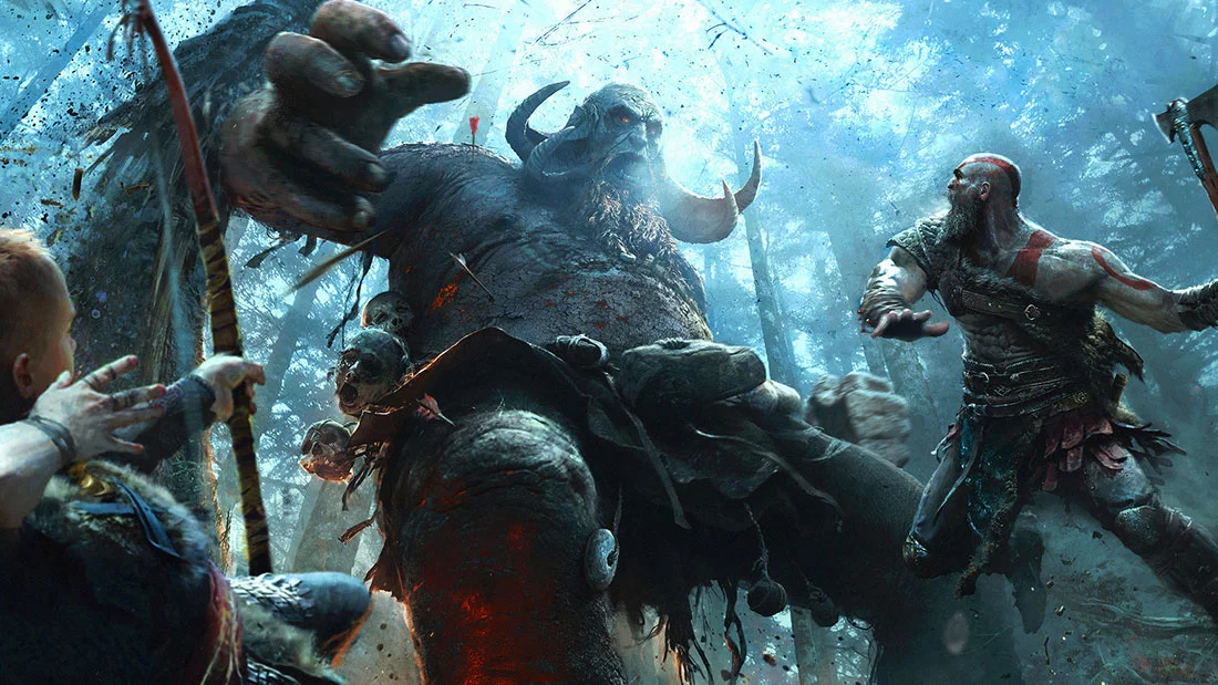 God of War: The Card Game scene featuring warriors fighting a frost giant in the woods of Helheim