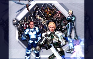 Metal Dungeon artwork featuring a team of mercenaries and monsters standing in front of a metallic emblem