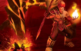 Wrath Unleashed banner depicting a male demigod standing in a realm of fire