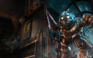 BioShock artwork featuring a Big Daddy and Little Sister opening a bulkhead door