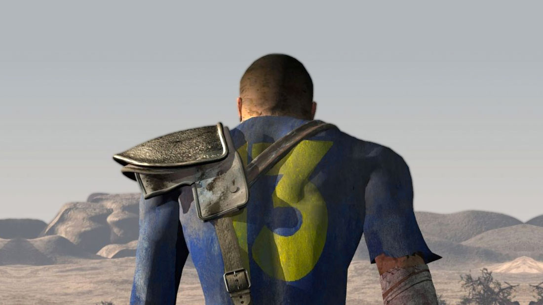 Fallout screenshot showing a man in a blue jumpsuit walking into a wasteland.