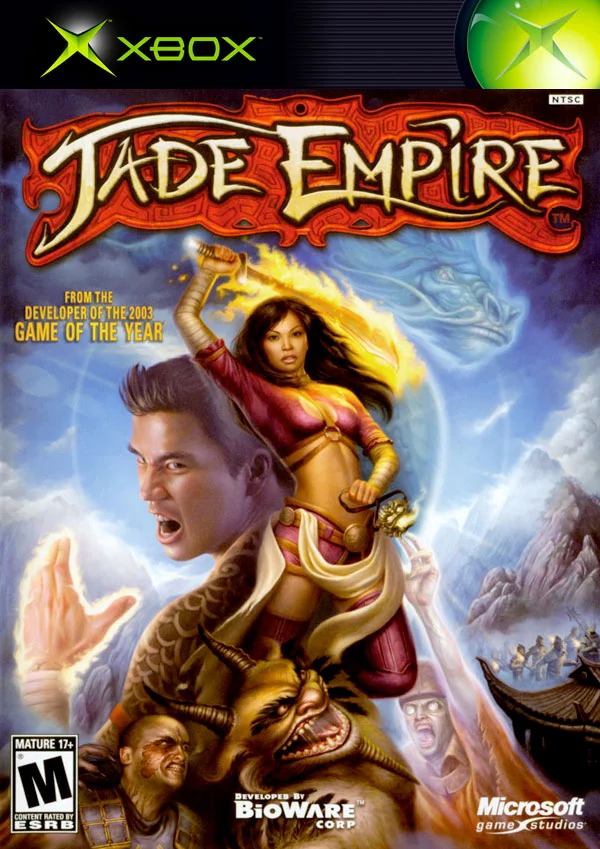 Jade Empire PAL Xbox cover showing Asian warriors striking a pose in front of a blue dragon
