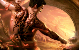 Jade Empire artwork showing an Asian warrior shattering a skeleton with his fists