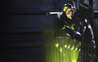 Tom Clancy's Splinter Cell artwork showing Sam Fisher aiming a gun in the dark