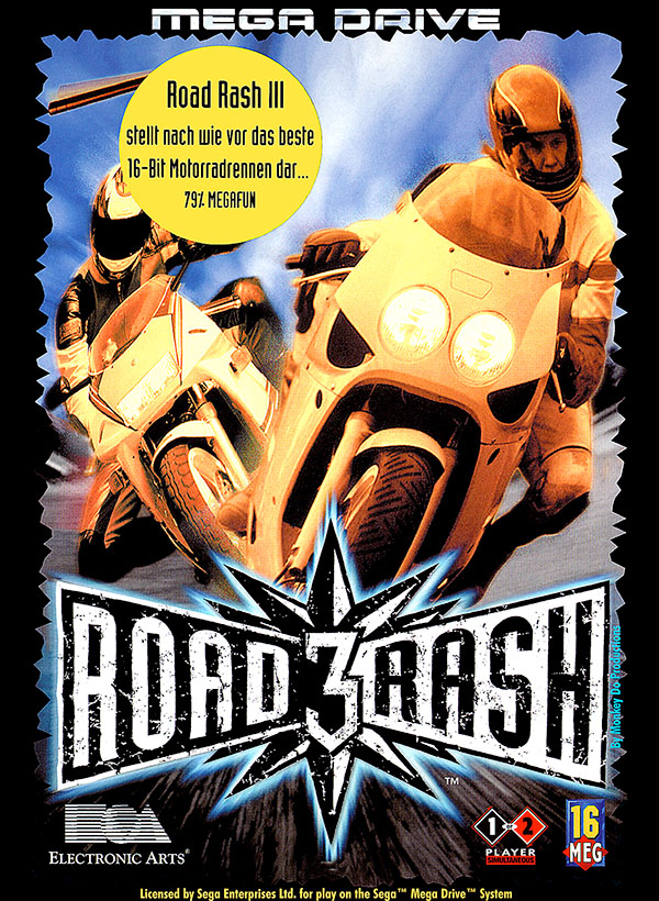 Road Rash 3 box art featuring two bikers racing towards the camera