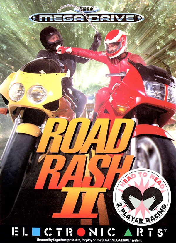Road Rash II box art featuring two male bikers fighting each other