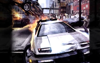 Wreckless artwork featuring a car crashing through a city
