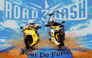 Road Rash 3 title screen showing two bikers fighting each other atop a globe