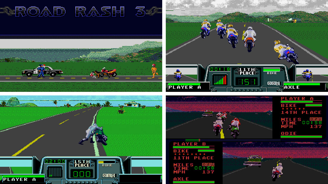 A composite of Road Rash 3 gameplay screenshots