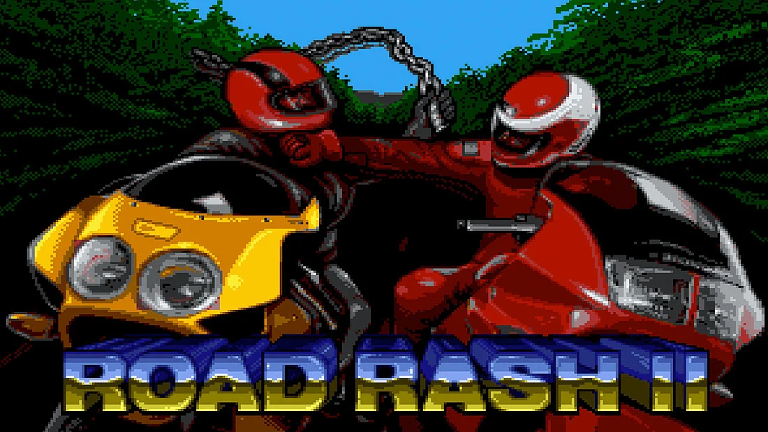 Road Rash II title screen showing two male bikers fighting each other