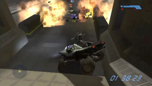 Master Chief escapes an exploding spaceship in a Warthog jeep.