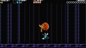 Shovel Knight leaps into the air to catch a falling Shield Knight.
