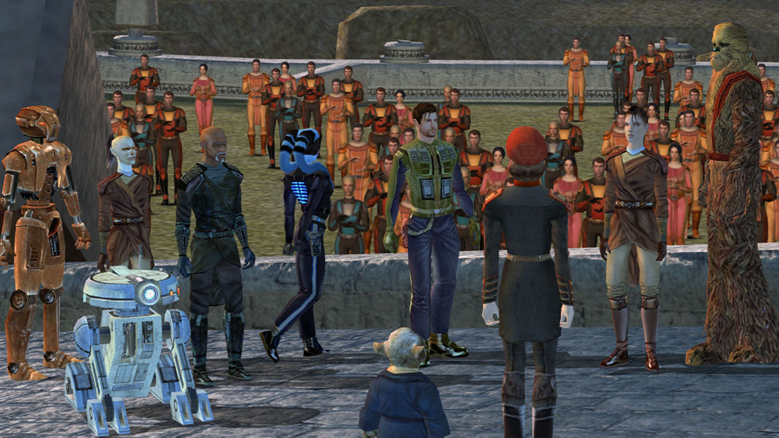Star Wars: Knights of the Old Republic screenshot showing some heroes being cheered on by a crowd