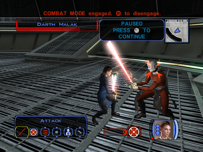 Star Wars: Knights of the Old Republic screenshot showing a Jedi battling Darth Malak