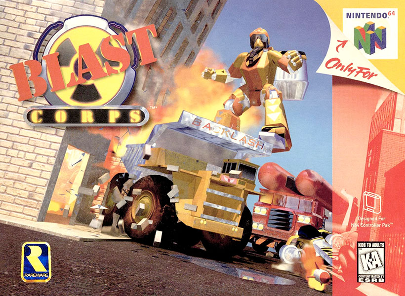 Blast Corps Nintendo 64 PAL box art showing vehicles crashing into buildings