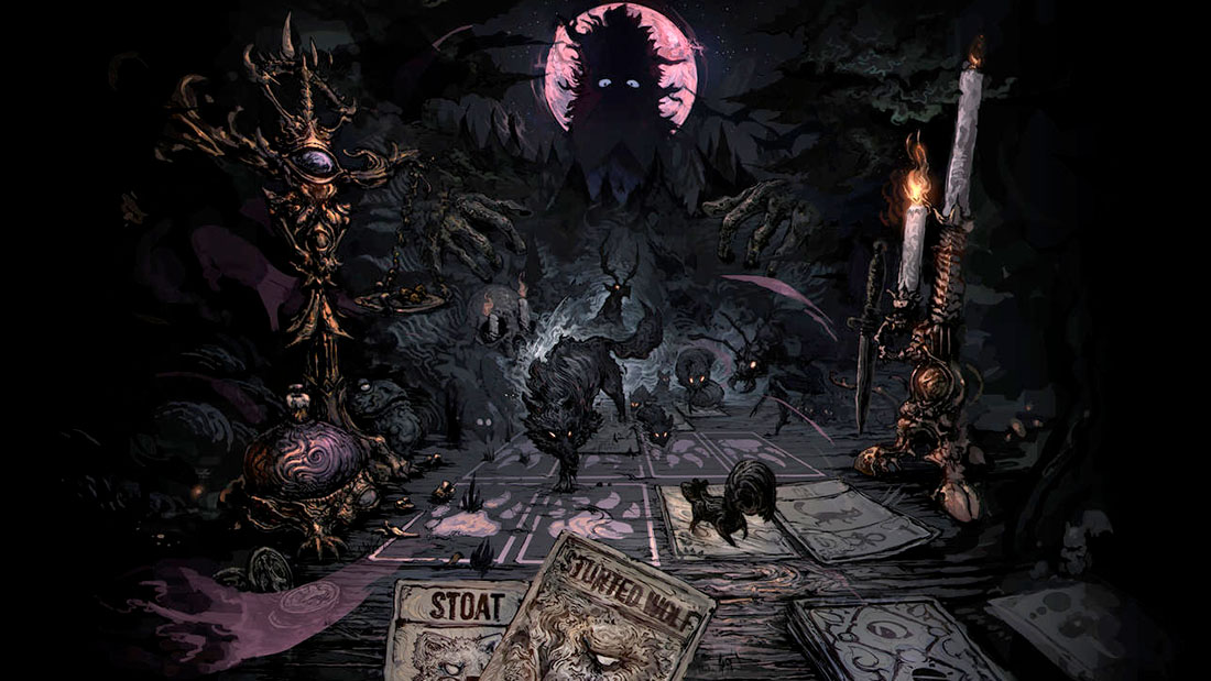 Inscryption soundtrack album art featuring a shadowy figure watching over wolves advancing on a game board