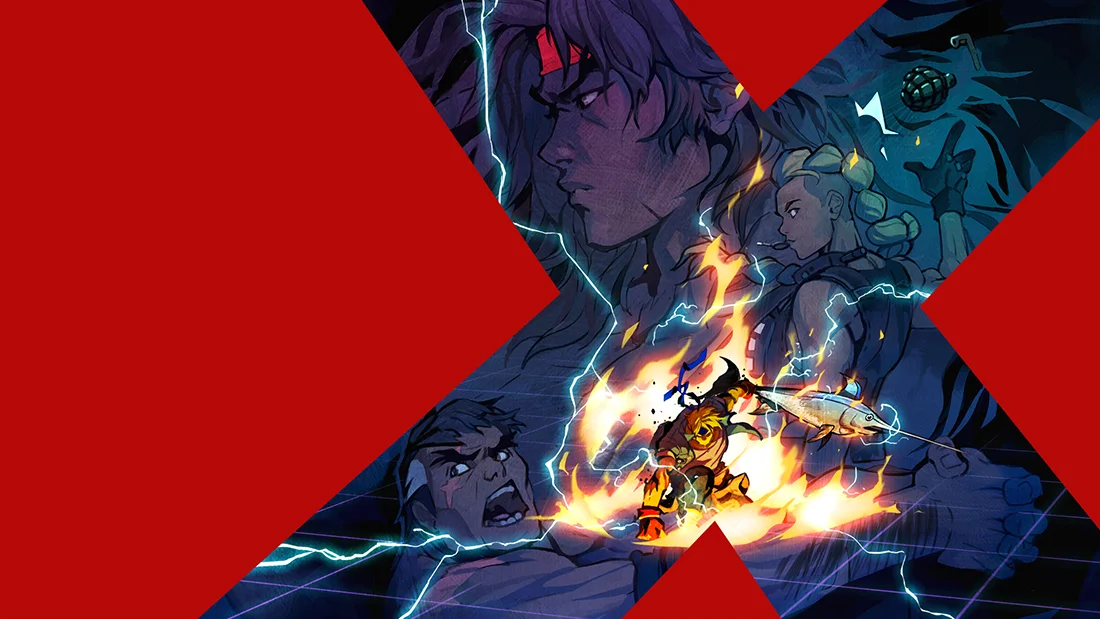Streets of Rage 4: Mr. X Nightmare key art showing Axel Stone crouched in flames