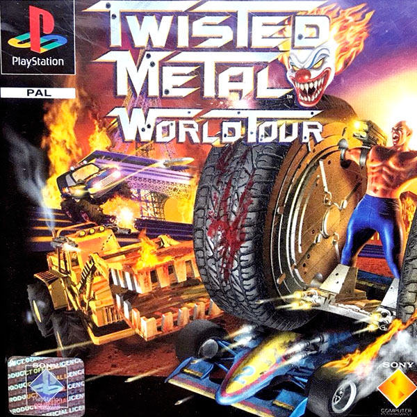 Twisted Metal: World Tour PlayStation box art showing combat vehicles racing into battle