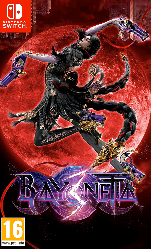 Bayonetta 3 Nintendo Switch box art showing Bayonetta dancing with her guns in front of a red moon.