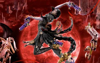 Bayonetta 3 artwork showing Bayonetta dancing with her guns in front of a red moon.
