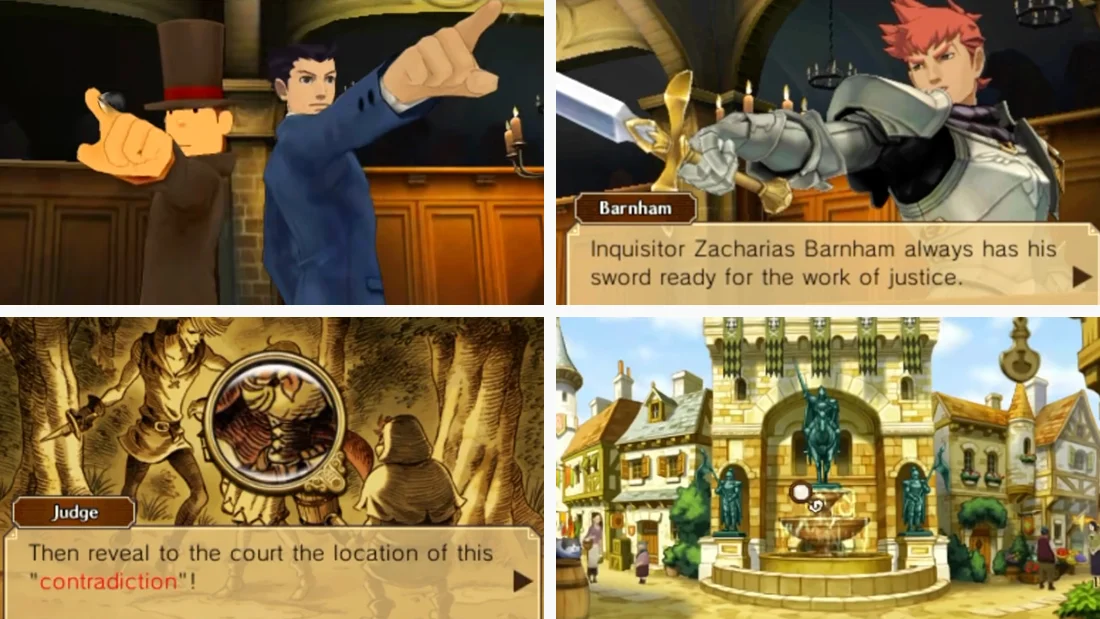 Gameplay screenshots from Professor Layton vs. Phoenix Wright: Ace Attorney.