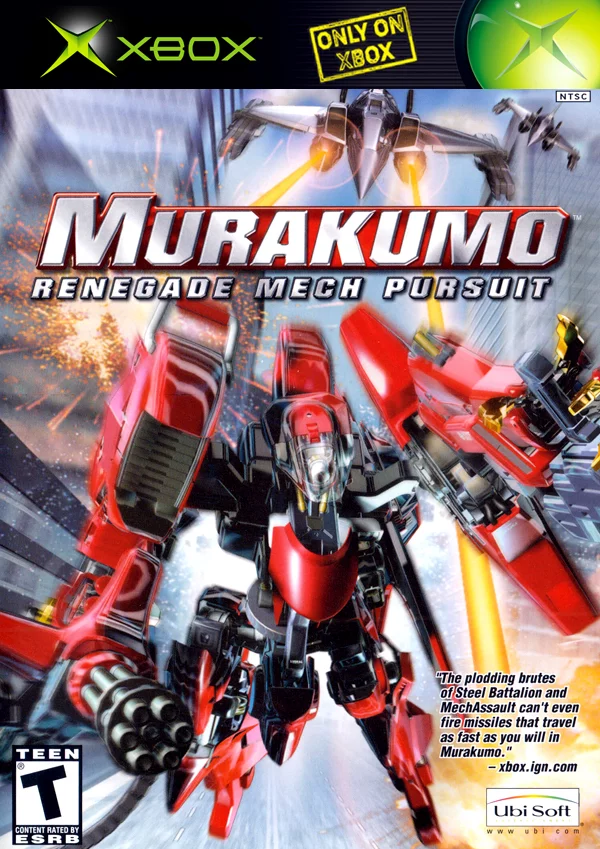 A red and black mecha takes flight on the PAL cover of Murakumo: Renegade Mech Pursuit for Xbox.