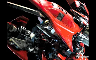 A red and black mech from Murakumo: Renegade Mech Pursuit for Xbox.
