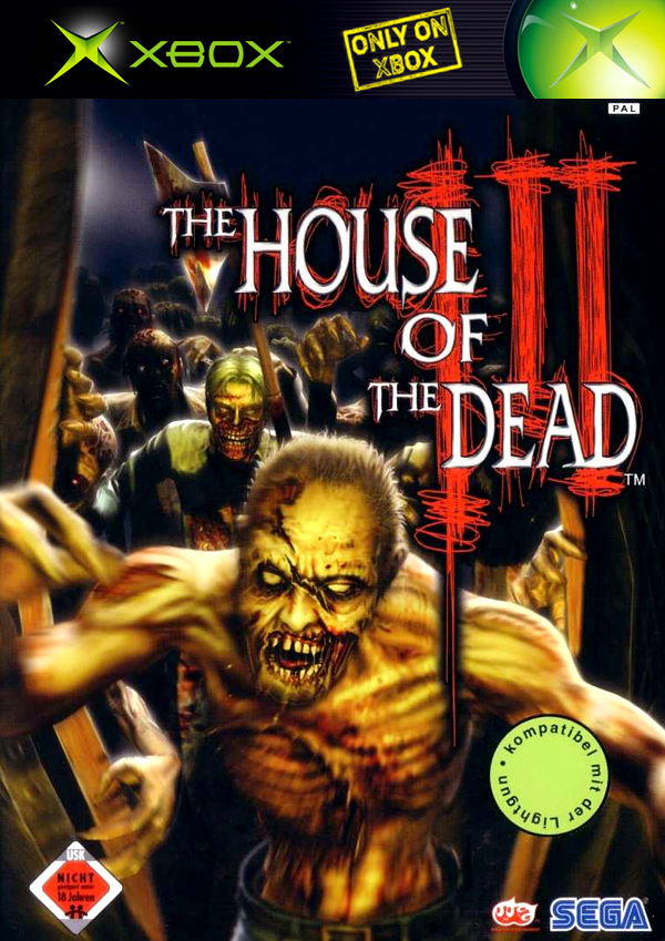 Zombies break down a door on The House of the Dead III cover art for Xbox.