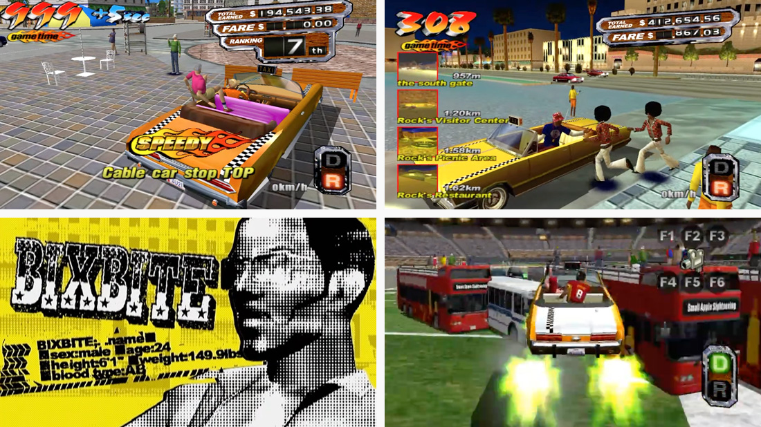 Gameplay screenshots of Crazy Taxi 3 showing yellow cabs escorting passengers.