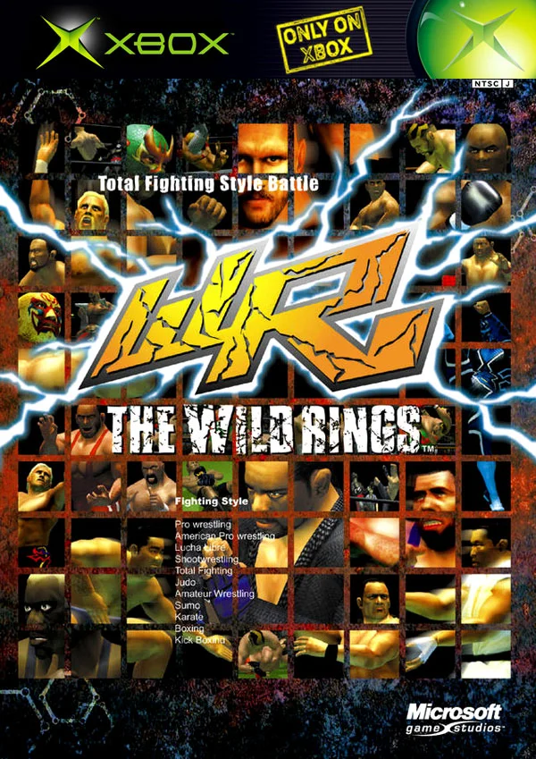 The Wild Rings NTSC-J Xbox cover art showing a collage of fictional 3D wrestling characters posing.