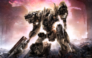 Armored Core VI: Fires of Rubicon key art of a damaged mech kneeling beneath a sky of fire