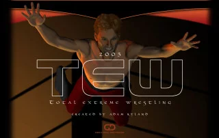 TEW2005 banner for an article on wrestling booking simulators. It shows a wrestler diving off the top rope.