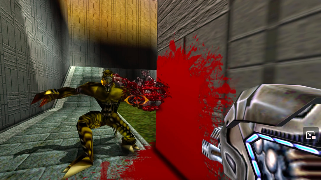 The Cerebral Bore weapon being used to kill an enemy in Turok 2.