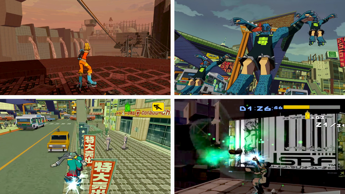 Jet Set Radio Future gameplay screenshots for Xbox showing cartoon skaters exploring Tokyo.