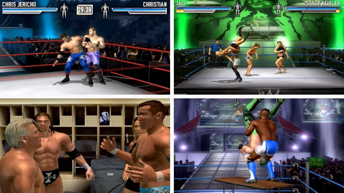 WWE WrestleMania 21 gameplay screenshots for Xbox showing wrestlers competing in the ring.