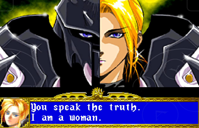 A blonde queen wearing black heavy armour in Dragon Force for Sega Saturn