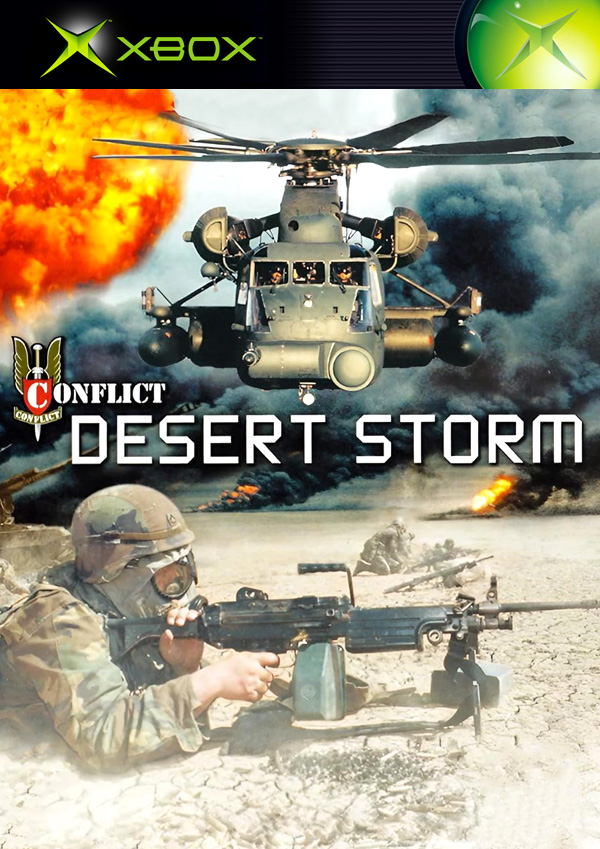 Conflict: Desert Storm Xbox box art showing a soldier and helicopter in the desert