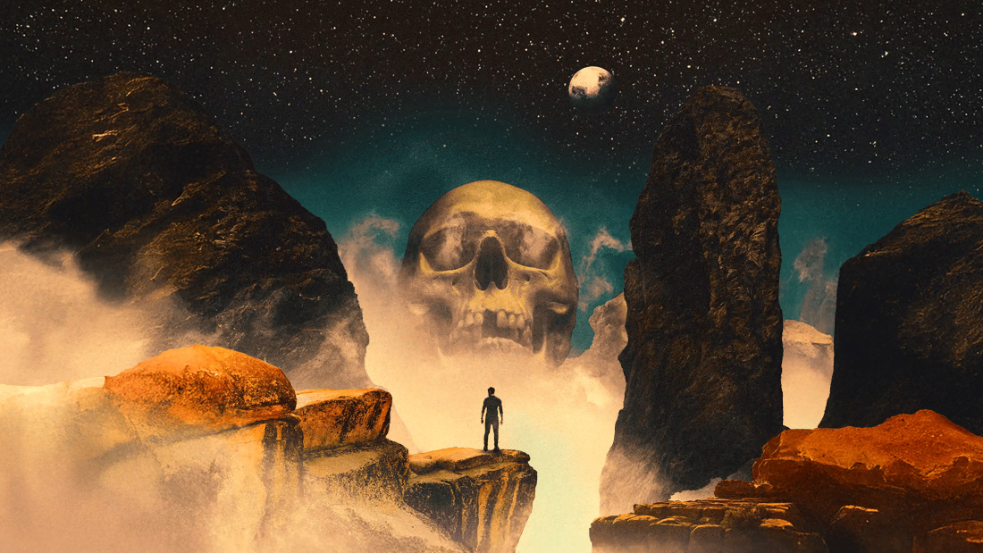 A lone man stands before a canyon of skulls in Black Water Rising's The Edge album cover