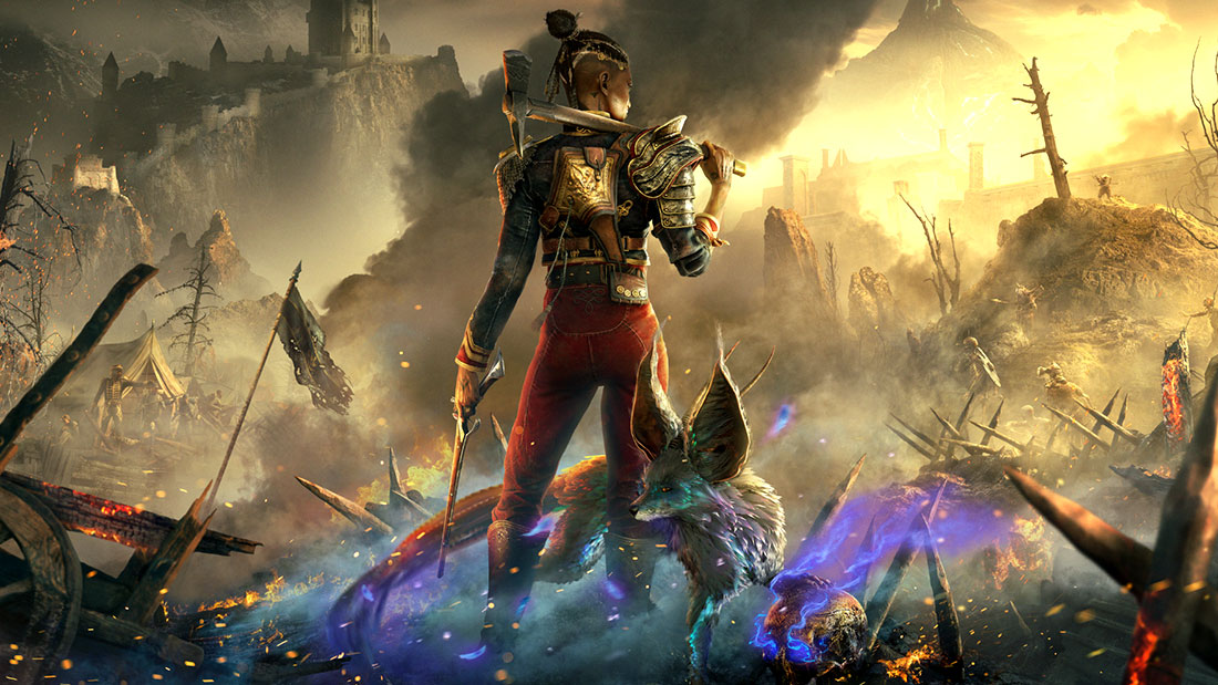 Flintlock: The Siege of Dawn key art showing a female soldier standing next to a fox-life deity on a wortorn battlefield.