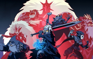 Absolum key art featuring 4 warriors standing before their shadowy foes