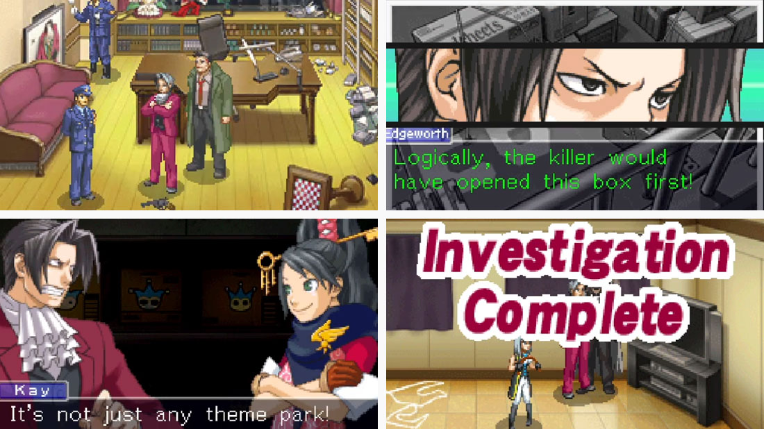 Screenshots of suited prosecutor solving crimes in Ace Attorney Investigations: Miles Edgeworth.