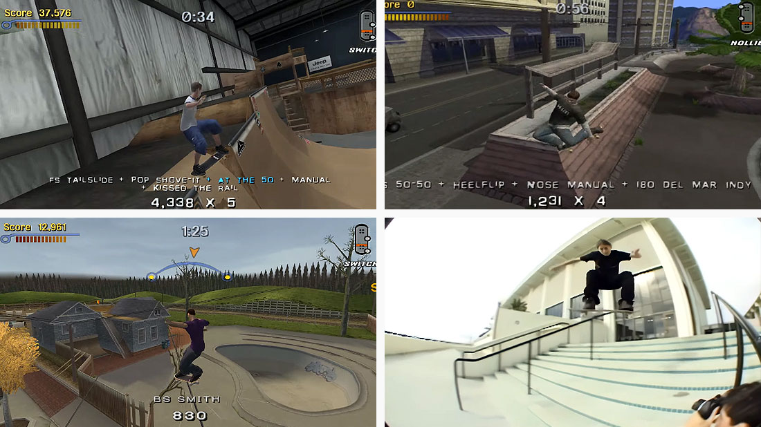 Gameplay screenshots of players skating in Tony Hawk's Pro Skater 3.