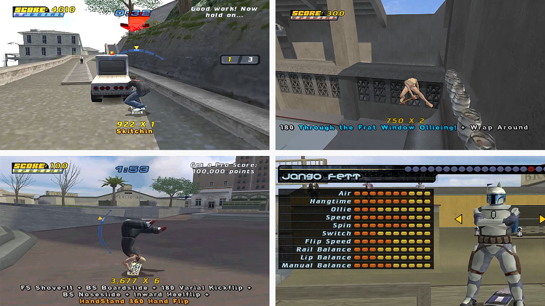 Gameplay screenshots of players skating in Tony Hawk's Pro Skater 4.