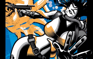 A scuba-diving lady aims a harpoon at an octopus in the album art for KMFDM's Enemy