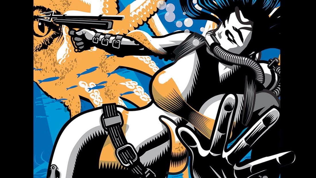 A scuba-diving lady aims a harpoon at an octopus in the album art for KMFDM's Enemy