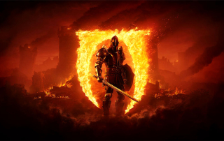 A soldier stands before flames in key art for The Elder Scrolls IV: Oblivion.